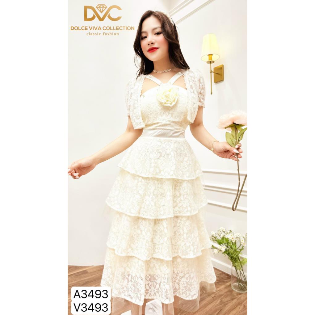 (hàng sẵn +trợ giá ) SET ÁO VÁY REN XOÈ TẦNG CỔ YẾM ĐÍNH HOA NGỰC S3493- DVC AS STORE