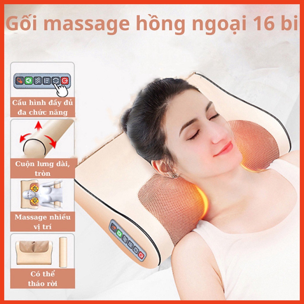 Gối Massage cổ vai gáy hồng ngoại 16 bi cao cấp thế hệ mới, Máy Massage giảm nhức mỏi toàn thân [ Freeship ]