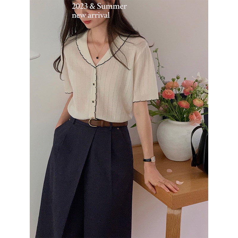 Áo Khoác cardigan Dệt Kim Tay Ngắn Cổ Chữ V Thoáng Khí Thời Trang Mùa Hè Hàn Quốc 2023 Màu Sắc Bắt Mắt Dành Cho Bạn Nữ