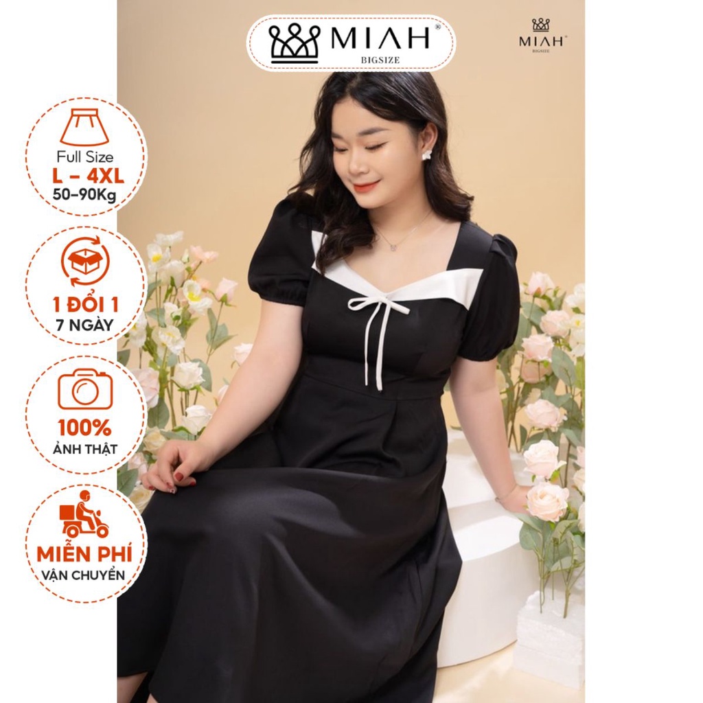 Đầm Bigsize nữ váy đen cộc tay thiết kế Dalia chất chéo hàn cổ phối nơ cực xinh đi chơi dự tiệc MIAH BIGSIZE DA0046