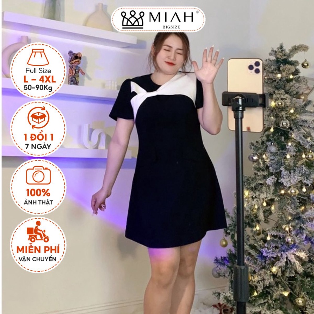 Đầm bigsize nữ thiết kế Helen chất tuyết mưa dáng xòe chữ A phối nơ trắng đi dạo đi chơi MIAH BIGSIZE DA0023