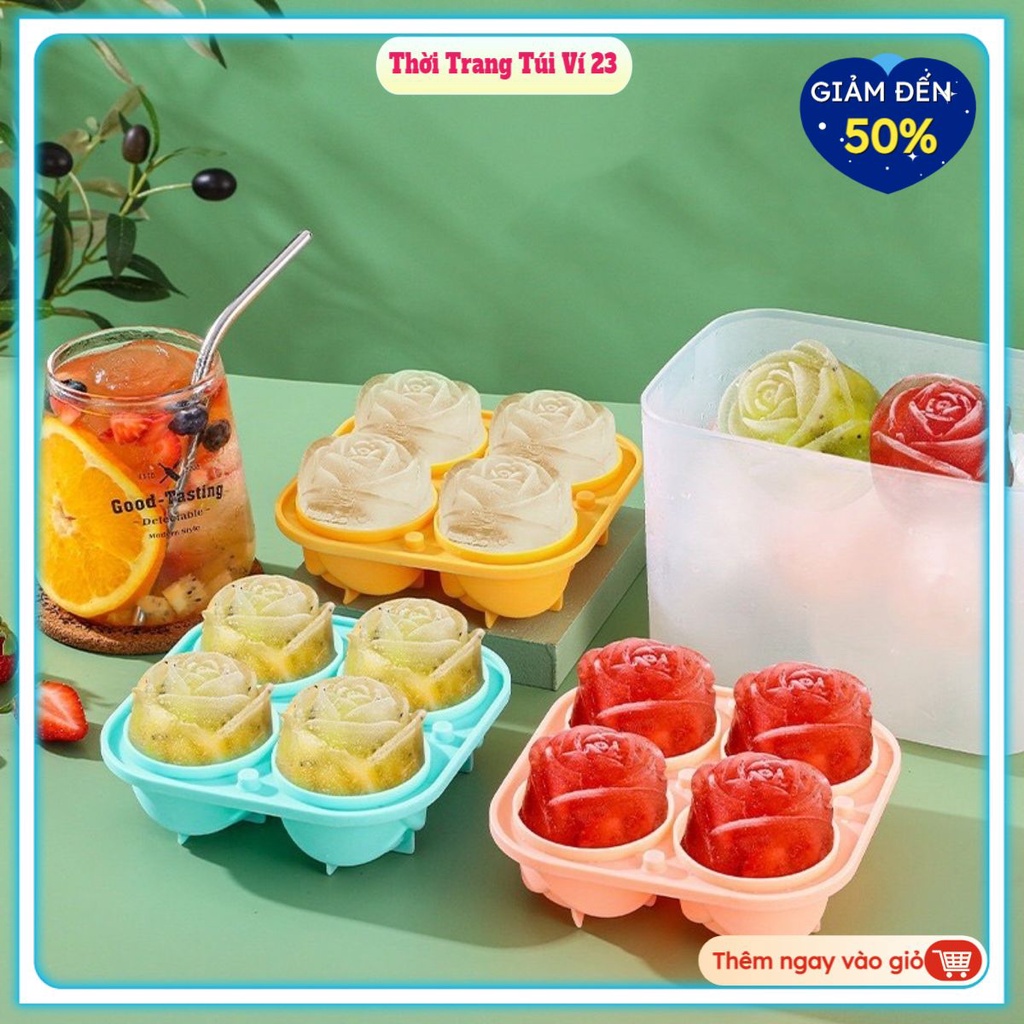 Khuôn Silicone Làm Đá Viên Hình Hoa Hồng, Khuôn làm thạch cute trang trí đồ uống tủ lạnh