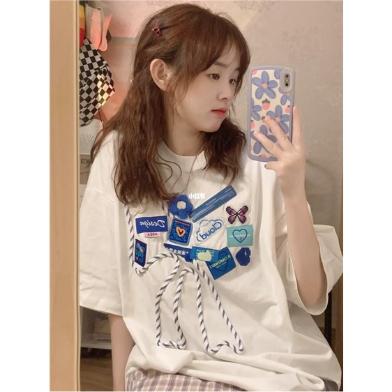 Jiashucheng Áo Thun Tay Ngắn Dáng Rộng In Họa Tiết Thắt Nơ Thời Trang Mùa Hè Mới Cho Cặp Đôi