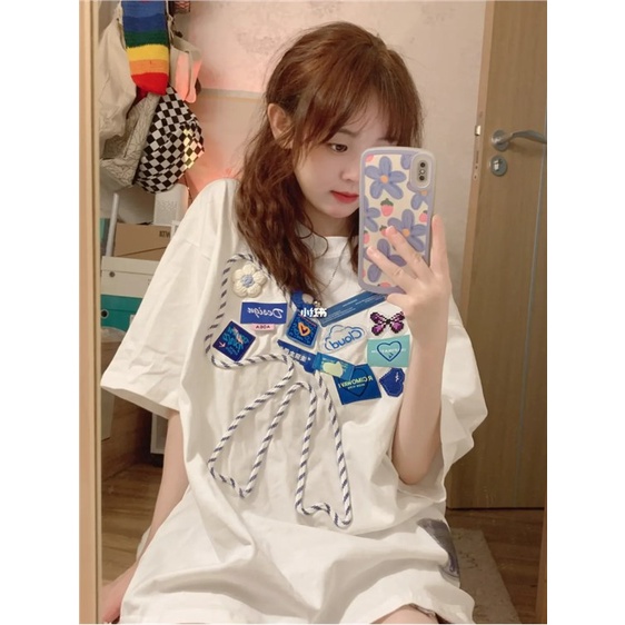 Jiashucheng Áo Thun Tay Ngắn Dáng Rộng In Họa Tiết Thắt Nơ Thời Trang Mùa Hè Mới Cho Cặp Đôi