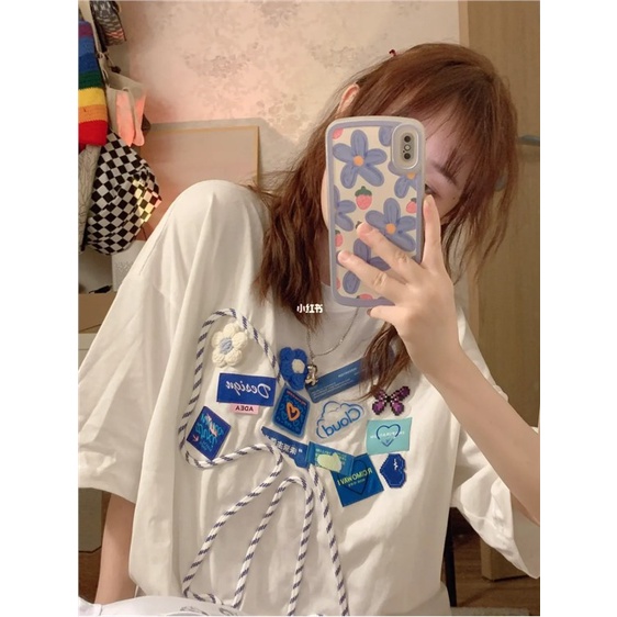 Jiashucheng Áo Thun Tay Ngắn Dáng Rộng In Họa Tiết Thắt Nơ Thời Trang Mùa Hè Mới Cho Cặp Đôi