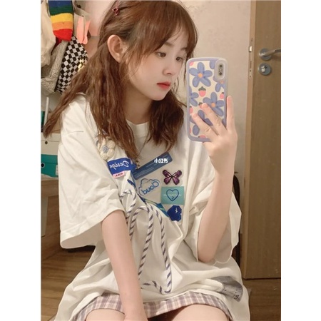 Jiashucheng Áo Thun Tay Ngắn Dáng Rộng In Họa Tiết Thắt Nơ Thời Trang Mùa Hè Mới Cho Cặp Đôi