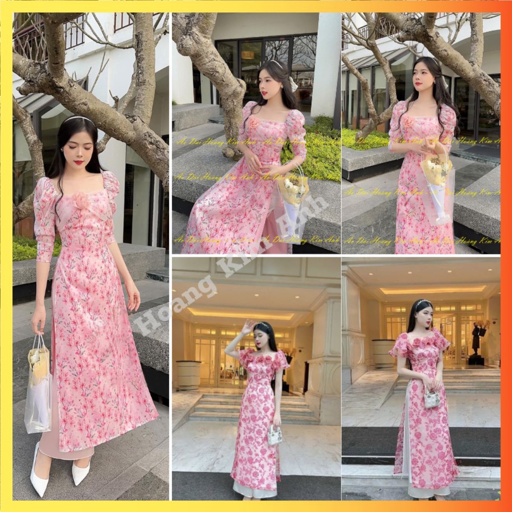 ÁO DÀI CÁCH TÂN NỮ 4 TÀ CỔ TRÒN PHỐI REN, IN HOA TAY BỒNG CÁNH TIÊN ĐÍNH HOA MAY SẴN MẶC TẾT HỒNG ADCT4TCT-H-T