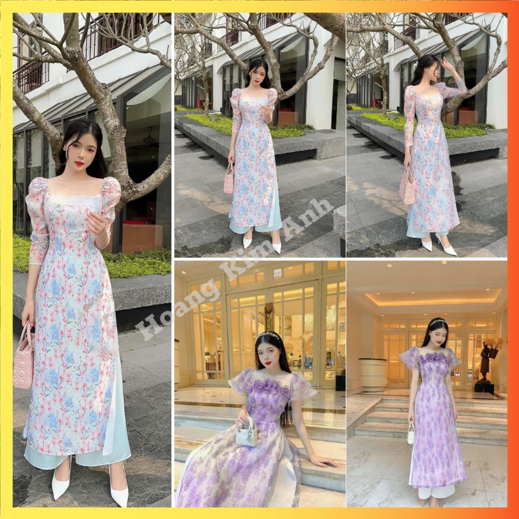 ÁO DÀI CÁCH TÂN NỮ 4 TÀ CỔ TRÒN VUỒNG PHỐI REN, IN HOA TAY BỒNG CÁNH TIÊN ĐÍNH HOA MAY SẴN MẶC TẾT MÀU TÍM ADCT4TCVT