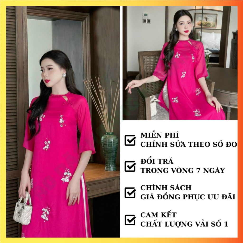 Áo dài cách tân dáng suông hoa nhí truyền thống cao cấp, Áo dài nữ lụa cổ tròn thiết kế kèm quần áo dài may sẵn màu Hồng