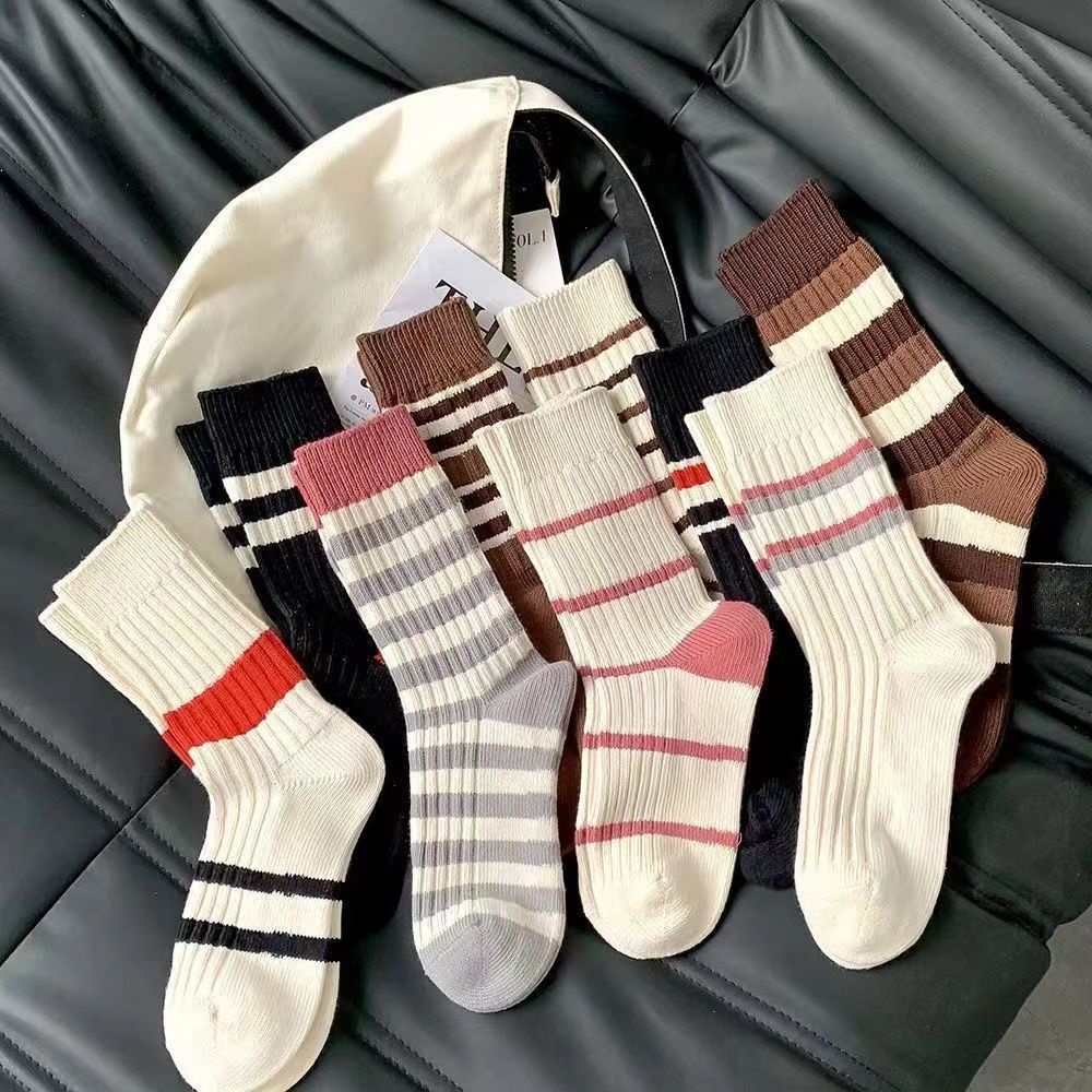 Hàng Bán Chạy Vớ Ống Chân Hai Lớp Dày Họa Tiết Kẻ Sọc Phong Cách Preppy Nhật Bản Dễ Phối Đồ Mùa Hè