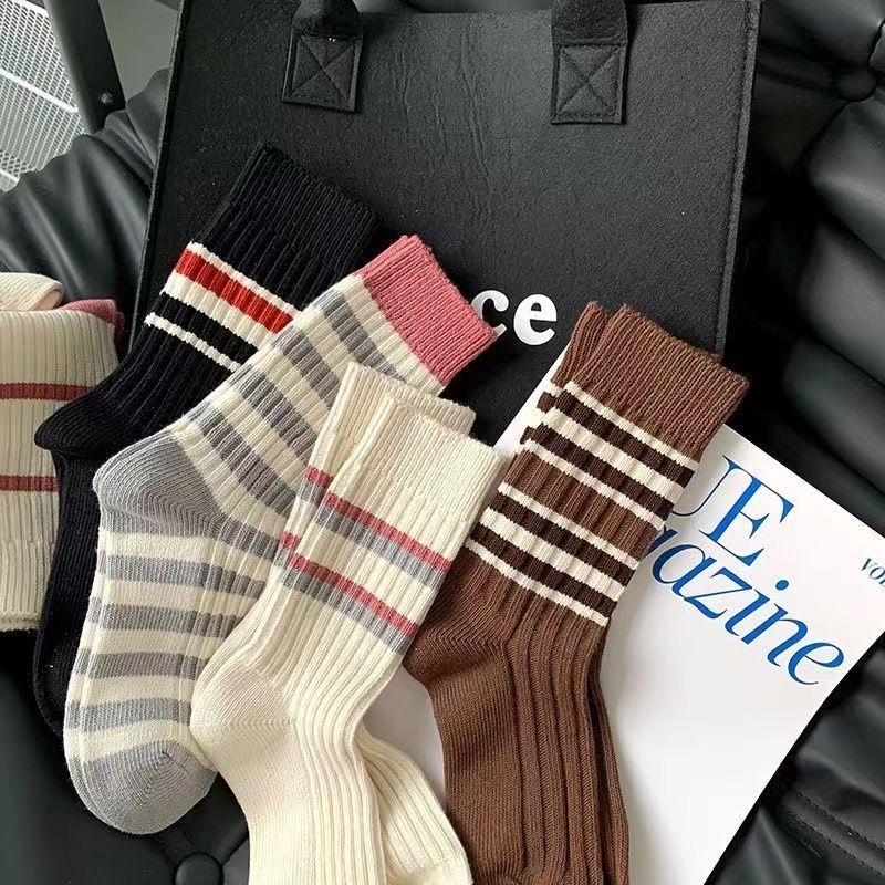 Hàng Bán Chạy Vớ Ống Chân Hai Lớp Dày Họa Tiết Kẻ Sọc Phong Cách Preppy Nhật Bản Dễ Phối Đồ Mùa Hè