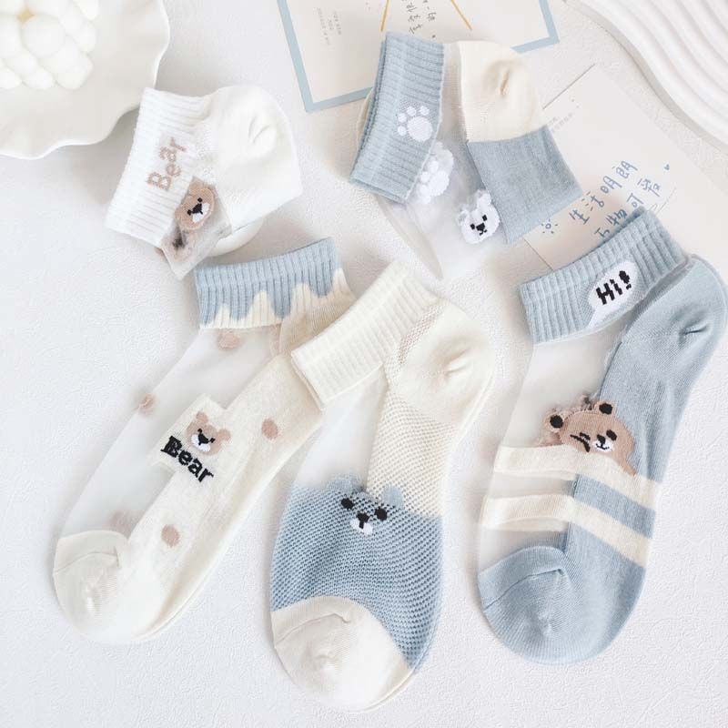 Vớ Thuyền Mùa Hè Mỏng Nhẹ Thoáng Khí Thấm Hút Mồ Hôi In Hình Gấu Hoạt Hình Màu Xanh Dương / Trắng