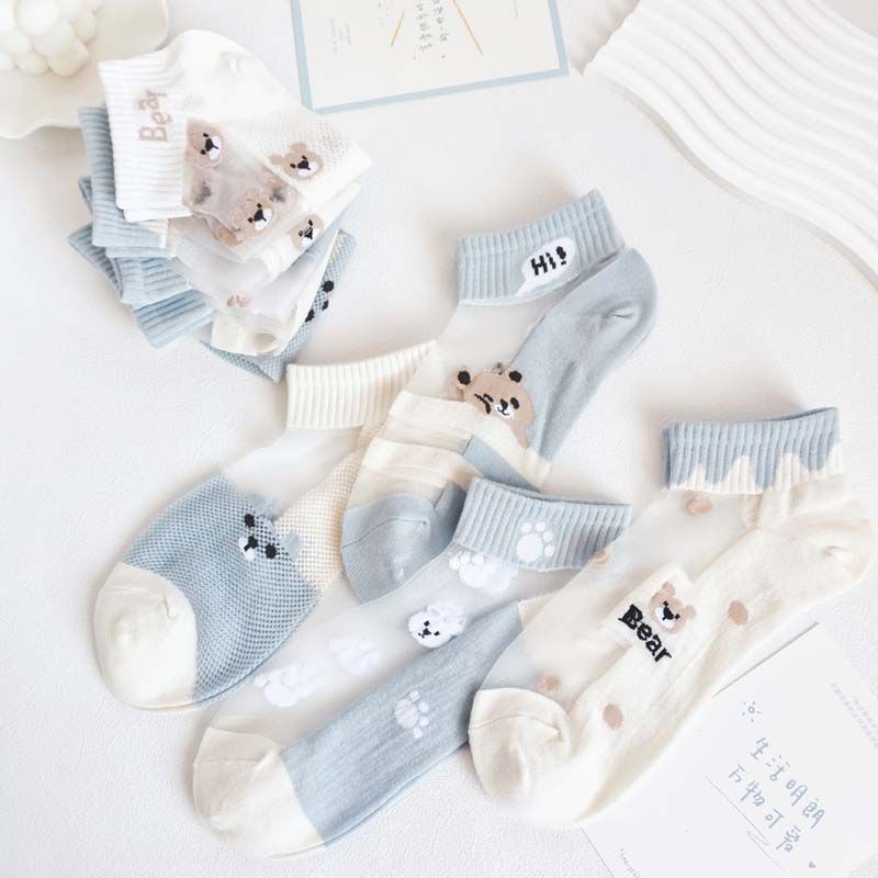 Vớ Thuyền Mùa Hè Mỏng Nhẹ Thoáng Khí Thấm Hút Mồ Hôi In Hình Gấu Hoạt Hình Màu Xanh Dương / Trắng