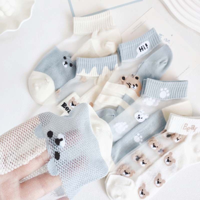 Vớ Thuyền Mùa Hè Mỏng Nhẹ Thoáng Khí Thấm Hút Mồ Hôi In Hình Gấu Hoạt Hình Màu Xanh Dương / Trắng