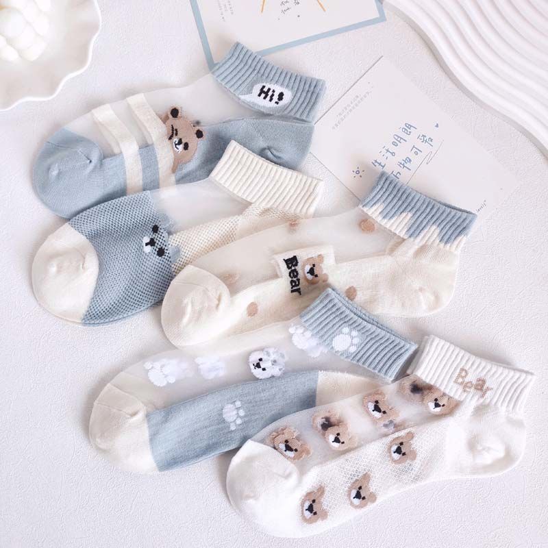 Vớ Thuyền Mùa Hè Mỏng Nhẹ Thoáng Khí Thấm Hút Mồ Hôi In Hình Gấu Hoạt Hình Màu Xanh Dương / Trắng