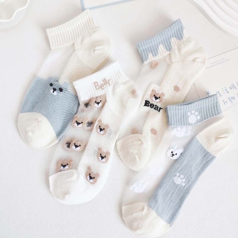 Vớ Thuyền Mùa Hè Mỏng Nhẹ Thoáng Khí Thấm Hút Mồ Hôi In Hình Gấu Hoạt Hình Màu Xanh Dương / Trắng