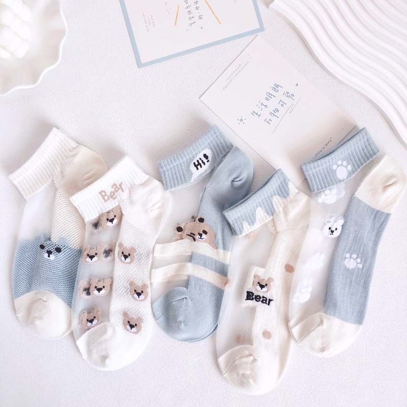 Vớ Thuyền Mùa Hè Mỏng Nhẹ Thoáng Khí Thấm Hút Mồ Hôi In Hình Gấu Hoạt Hình Màu Xanh Dương / Trắng