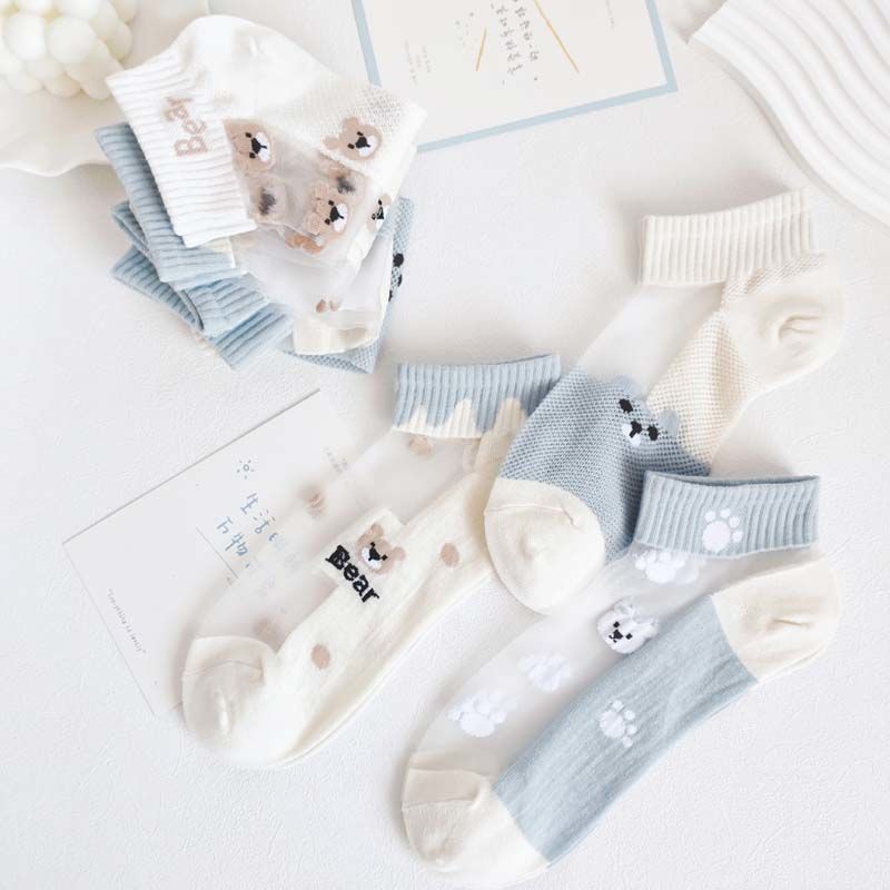 Vớ Thuyền Mùa Hè Mỏng Nhẹ Thoáng Khí Thấm Hút Mồ Hôi In Hình Gấu Hoạt Hình Màu Xanh Dương / Trắng