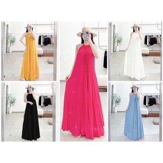 Đầm maxi cổ yếm dập ly