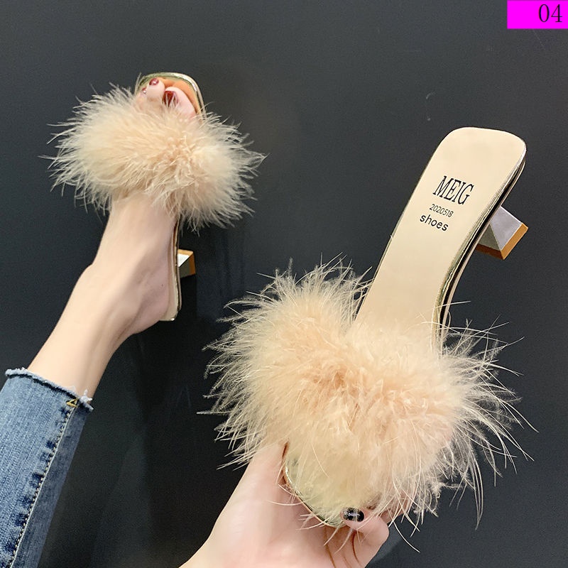 Sandal Cao Gót Hở Mũi Phối Lông Nhung Thời Trang Mùa Hè 2020 Dành Cho Nữ Lật