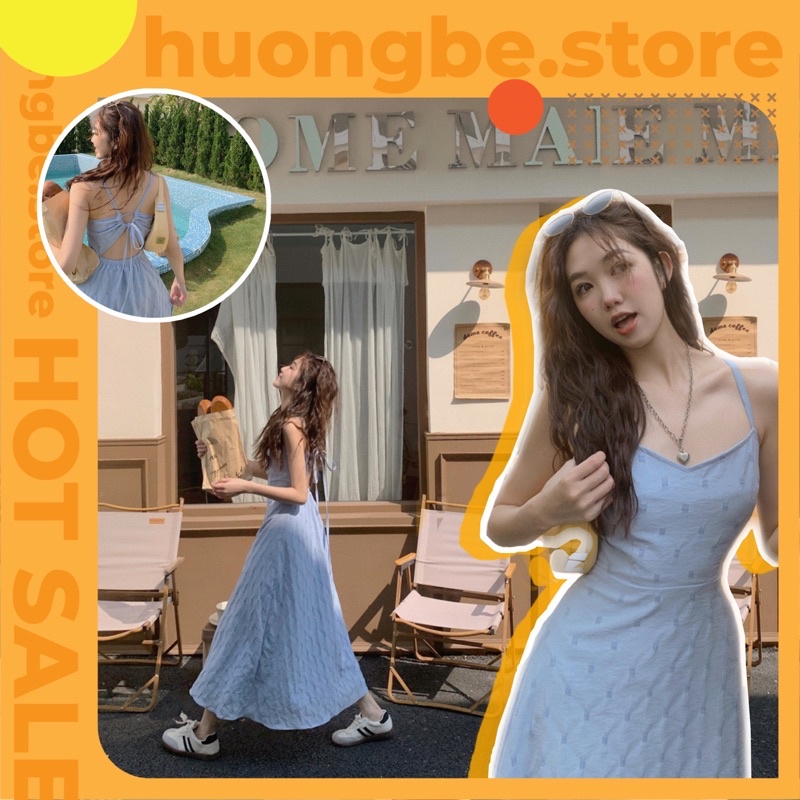 Váy maxi 2 dây có size, xanh pastel vân nổi hở lưng [Hàng oder nhanh 5 ngày có, chậm 7-9 ngày]