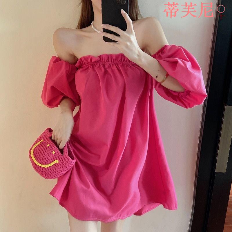 Đầm Trễ Vai Tay Phồng Màu Đỏ Hoa Hồng Phong Cách Hàn Quốc Ngọt Ngào Cao Cấp