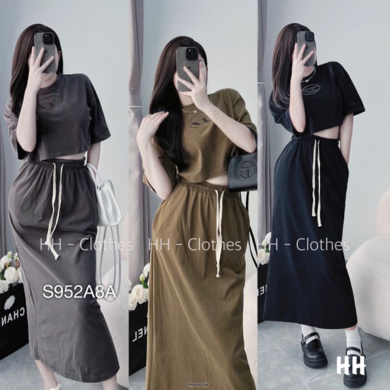 Set Đồ Bộ Nữ Áo Phông Croptop Logo Mix Chân Váy Bút Chì Dáng Dài Có Túi Co Dãn Freestyle