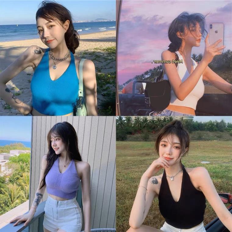 Áo Hai Dây Buộc Cổ Áo Bra Dệt Kim Cổ Chữ V Quyến Rũ Thời Trang Dành Cho Nữ Softie V200