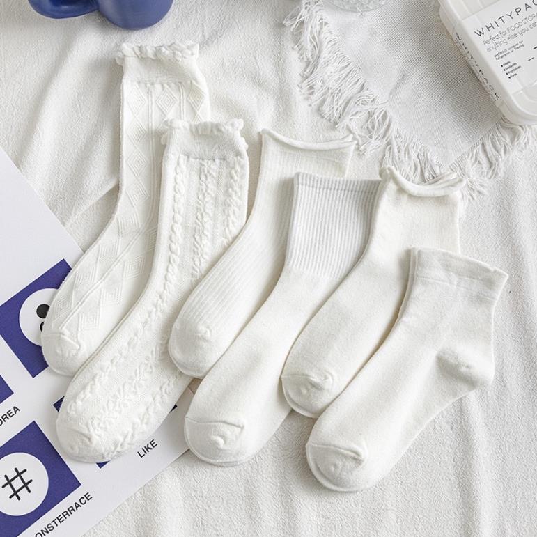 Set 5 Đôi Tất dệt kim gân trắng bèo cổ cao ,trung Phong Cách Hàn Quốc Mẫu Softie tt19