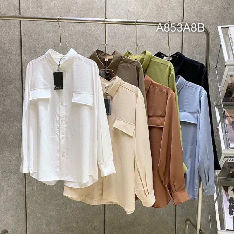 Áo Sơ Mi Lụa Nữ ,Áo Sơ Mi Trơn Basic Túi Giả Form Dài Thụng Freesize