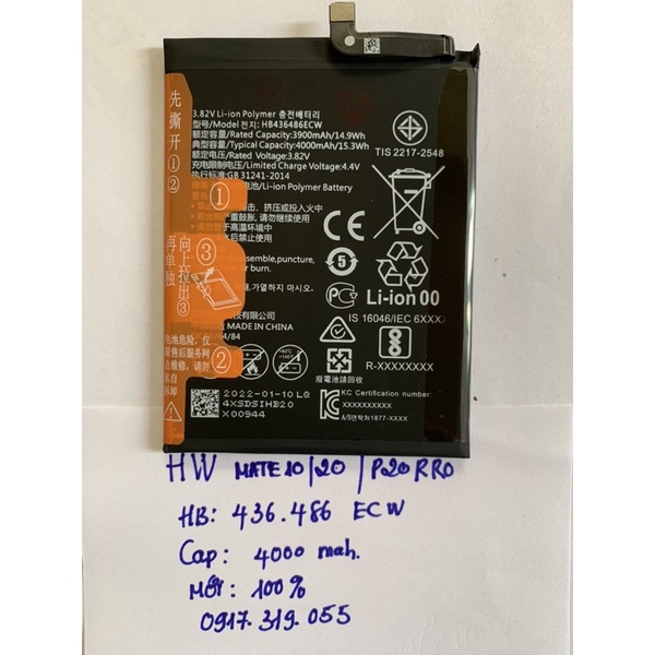 Pin HW mate 10/mate 20 /p20 pro HB436486 ecw cap4000mah mới cứng các bác nha