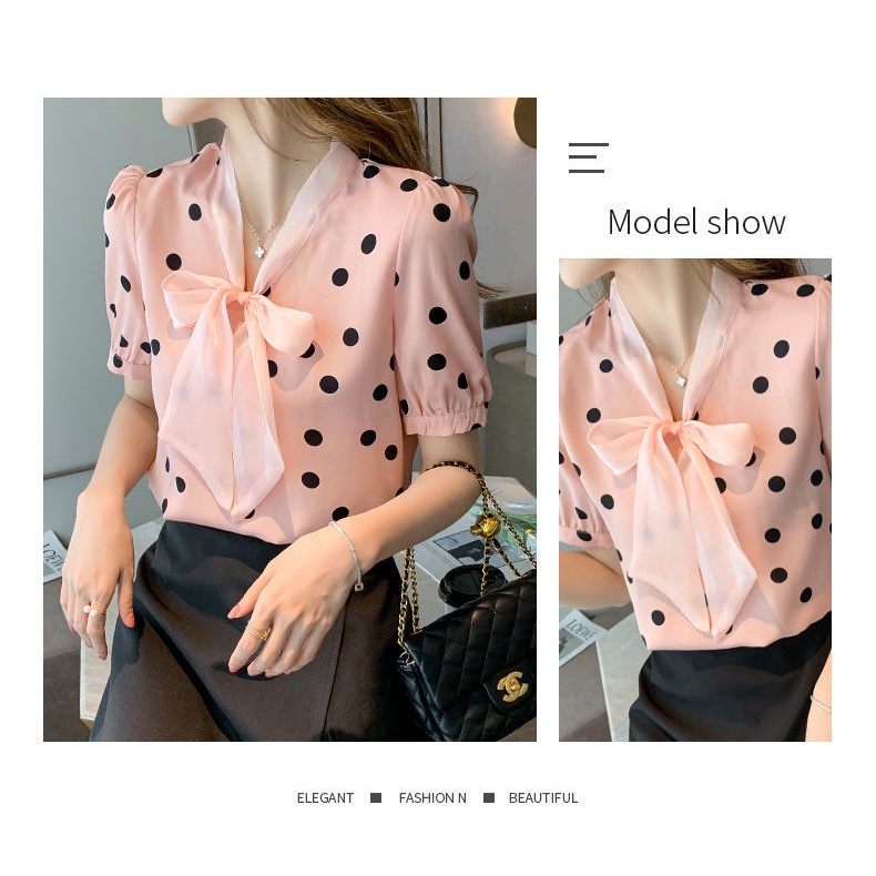 Áo Sơ Mi Chiffon Tay Ngắn Thắt Nơ Họa Tiết Chấm Bi Phong Cách Hàn Quốc Thời Trang Mới 2023 N544