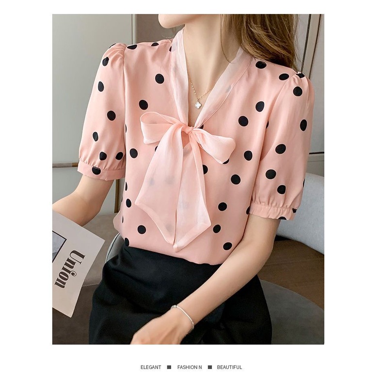 Áo Sơ Mi Chiffon Tay Ngắn Thắt Nơ Họa Tiết Chấm Bi Phong Cách Hàn Quốc Thời Trang Mới 2023 N544