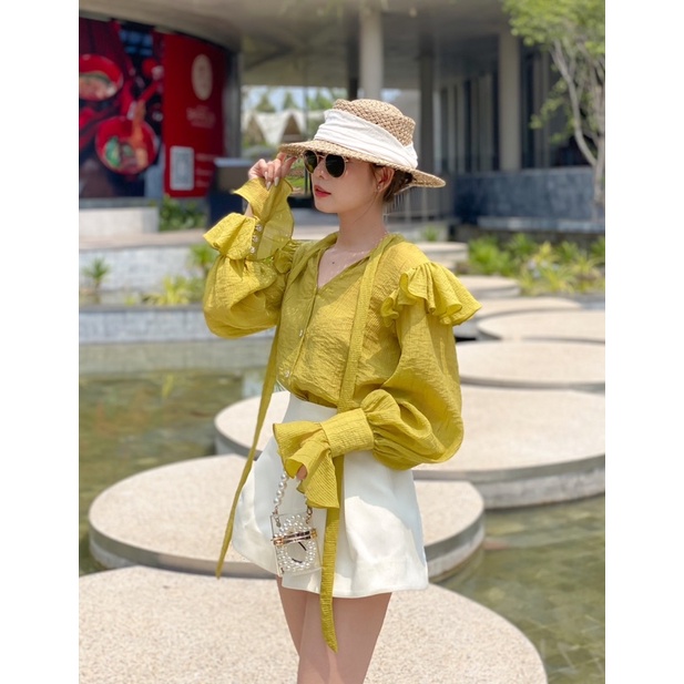 Áo Kiểu Tay Dài Phối Nhún Bèo Vai Ether Shirt Vải Voan Dập