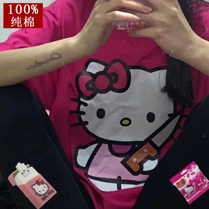 Áo Thun 100% Cotton Tay Ngắn In Hình Hello Kitty Phong Cách Harajuku Nhật Bản Cho Nữ