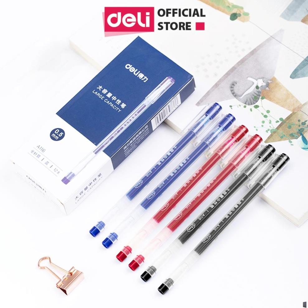 Bút gel mực nước văn phòng 0.5mm Deli ba màu xanh đen đỏ nhanh khô viết đều trơn tru lâu hết mực chất lượng cao A116 .
