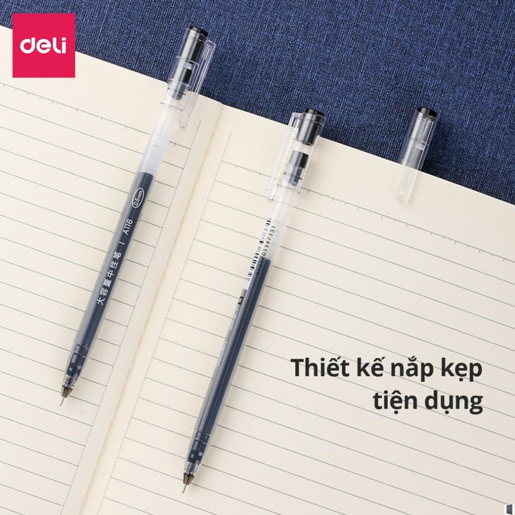 Bút gel mực nước văn phòng 0.5mm Deli ba màu xanh đen đỏ nhanh khô viết đều trơn tru lâu hết mực chất lượng cao A116 .