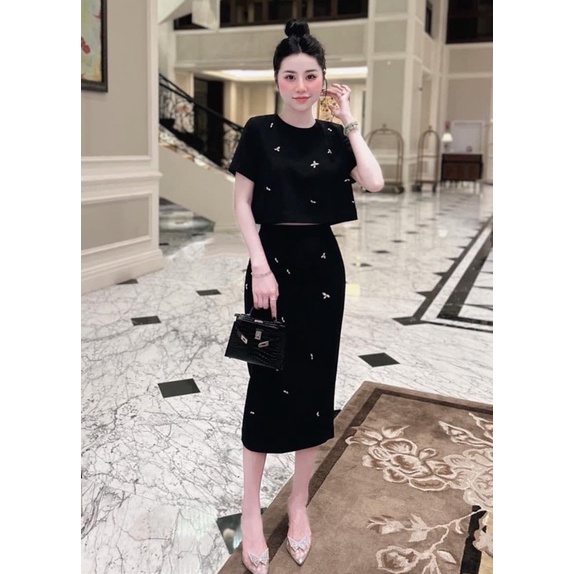 Set Áo Croptop Tay Ngắn, Váy Dài PHOANH BOUTIQUE Đính Đá