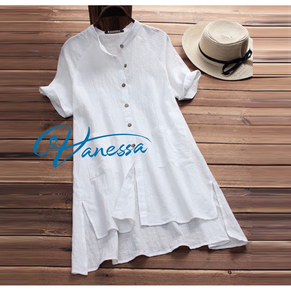 Sơ mi váy độc lạ sang chảnh form dài rộng giấu quần Vanessa Stylish chất liệu đũi siêu mềm mát  AKH.35
