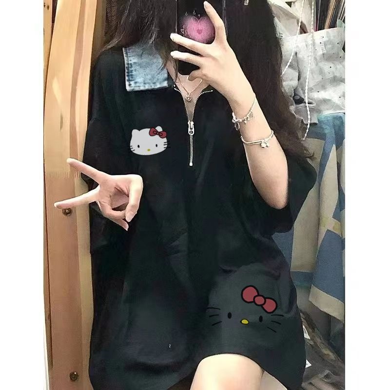 Áo Thun polo Tay Ngắn In Hình Hello Kitty Phong Cách Preppy Đường Phố Mỹ Dễ Phối Đồ Cho Nữ