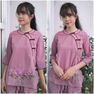 Đồ lam đi chùa set bộ nữ katê viền đôi