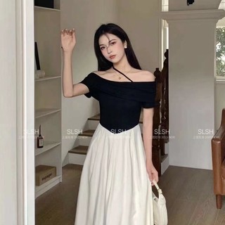 Đầm liền bẹt vai sang chảnh chất thun co dãn phối lụa mặc siêu mát