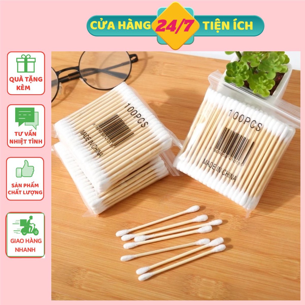 100 Tăm bông y tế vệ sinh tai đầu bằng gỗ tre sử dụng tiện lợi