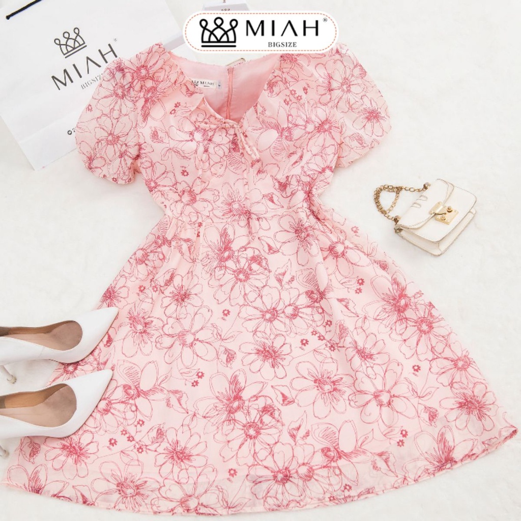 Đầm bigsize nữ váy thiết kế Mia MIAH BIGSIZE voan lụa 2 lớp mịn mát hoa cổ tim màu hồng baby tay ngắn đi biển đi chơi