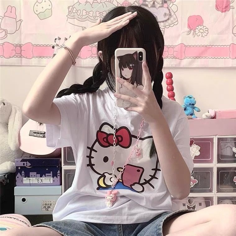 Áo Thun Cotton Ngắn Tay Dáng Rộng In Hình Hello Kitty Phong Cách Hàn Quốc Cho Nữ