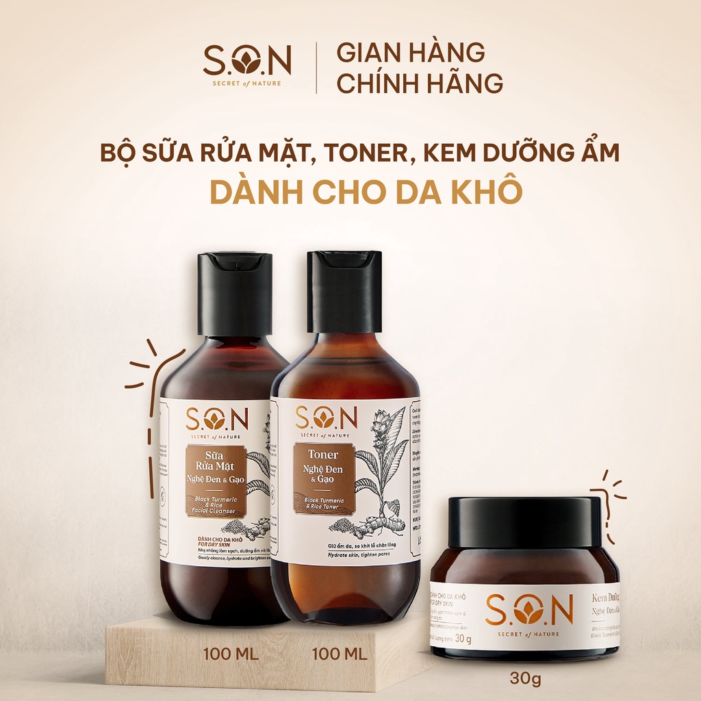 Combo bộ sản phẩm dành cho da khô S.O.N gồm sữa rửa mặt 100ml, toner 100ml, kem dưỡng ẩm 30g