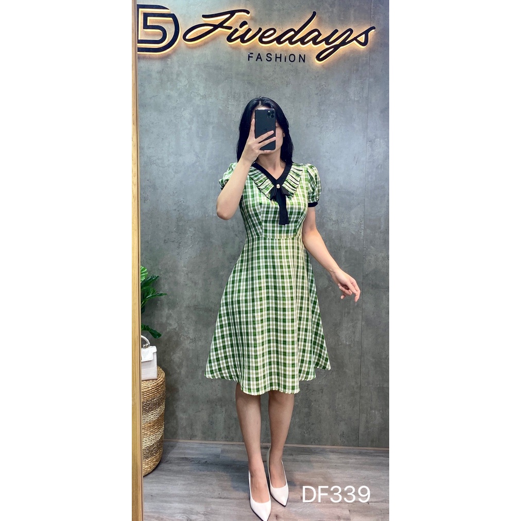 Fivedays - Đầm kẻ Hàn Quốc dáng A phối cổ nơ