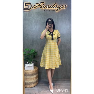 Fivedays - Đầm kẻ Hàn Quốc dáng A phối cổ nơ