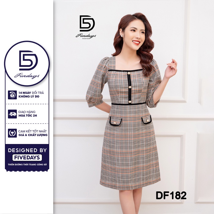 Fivedays - Đầm kẻ cổ vuông