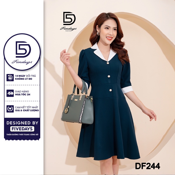 Fivedays - Đầm cổ ve phối trắng cúc ngọc